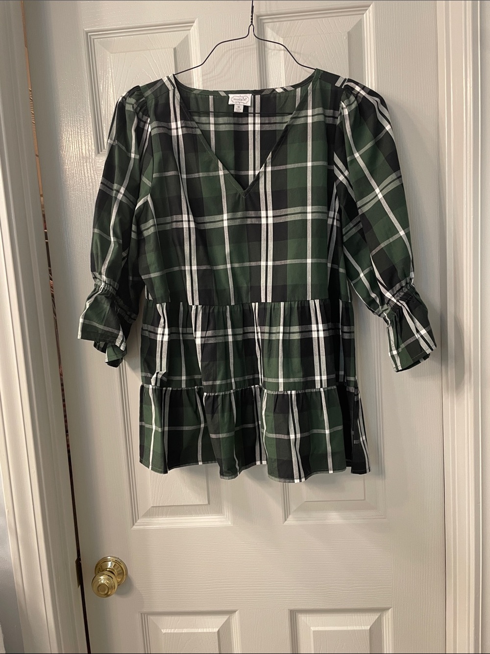 Mud Pie Green and Black Plaid V-Neck Tiered Tunic
